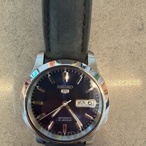 Seiko 5 Automatic Watch with Blue Dial and Black Strap